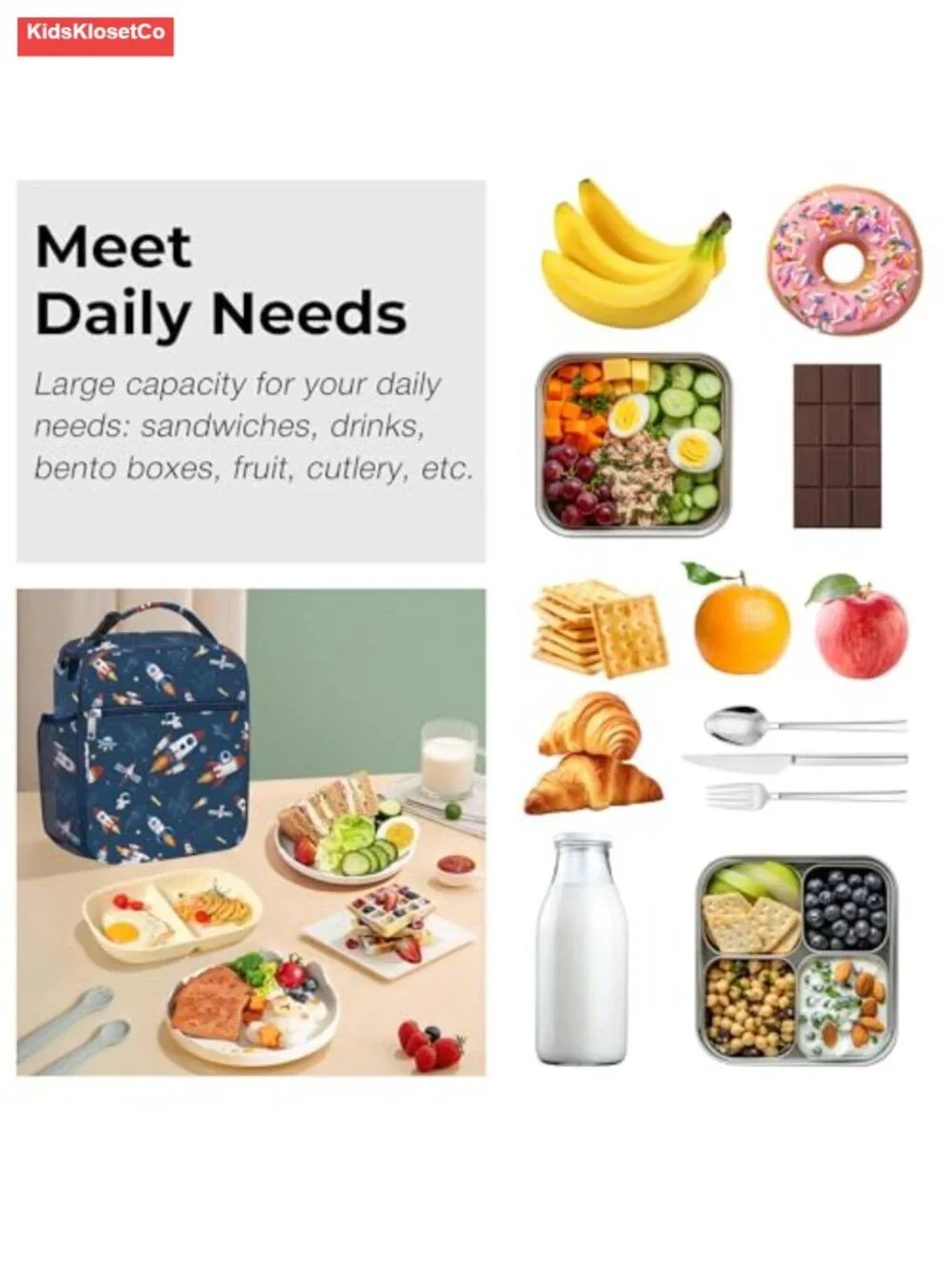 Insulated Lunch Bag for Kids Space Rocket Design Leakproof Thermal Cooler Tote